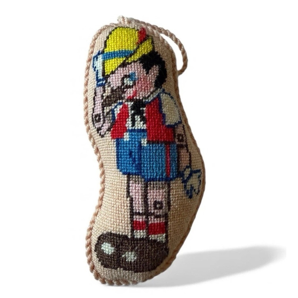 VTG Cross-Stitched Pinocchio Pillow Ornament Handmade Embroidered‎ Christmas
